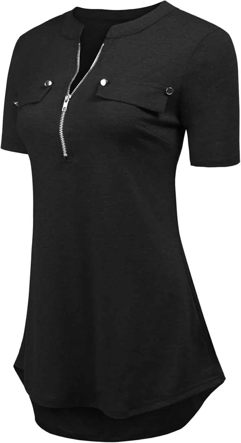 LuckyMore Women's Short Sleeve Zip Flowy Tunic Tops Business Casual Work Office Blouses Shirts (M-3XL)