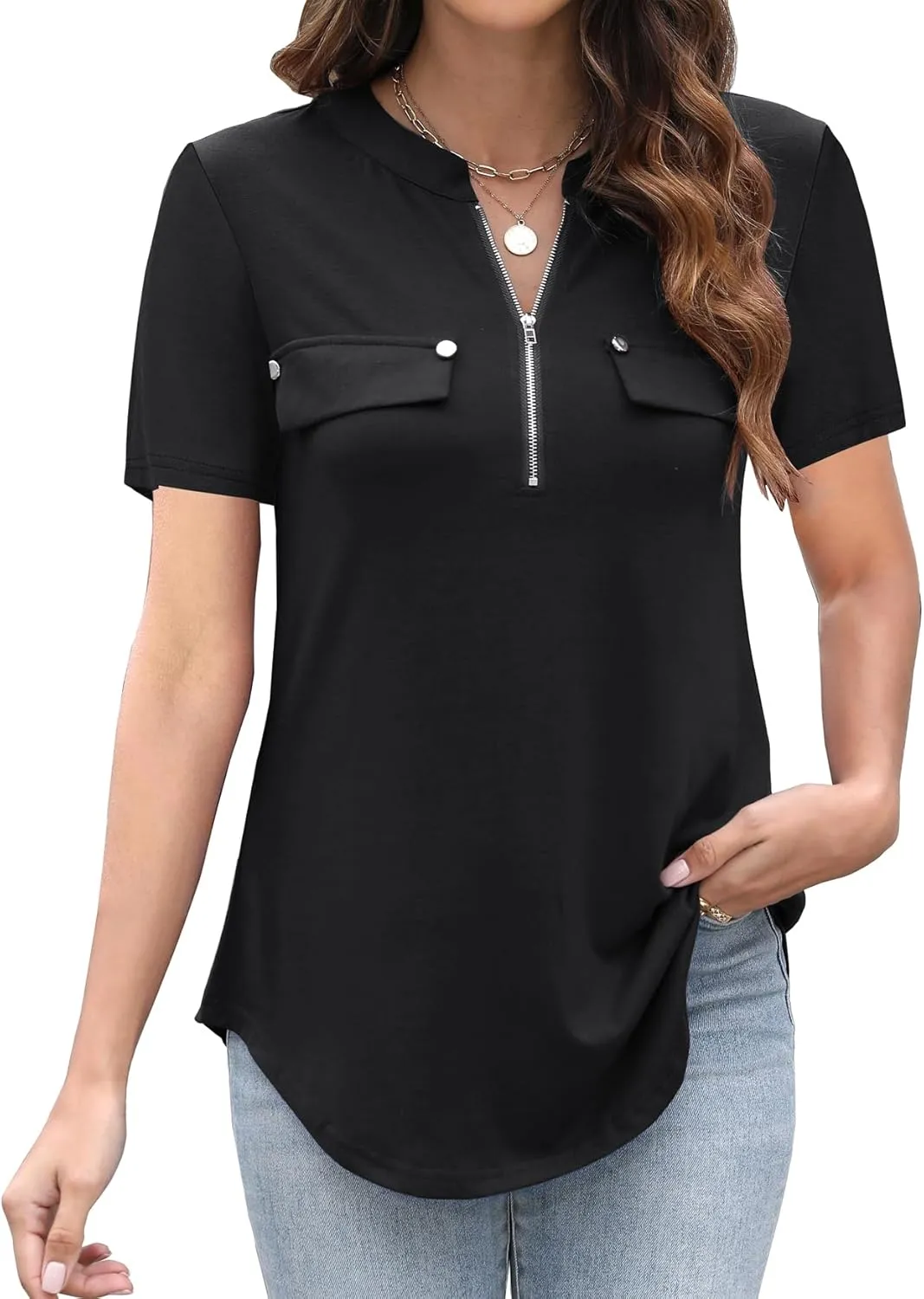 LuckyMore Women's Short Sleeve Zip Flowy Tunic Tops Business Casual Work Office Blouses Shirts (M-3XL)