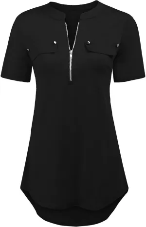 LuckyMore Women's Short Sleeve Zip Flowy Tunic Tops Business Casual Work Office Blouses Shirts (M-3XL)