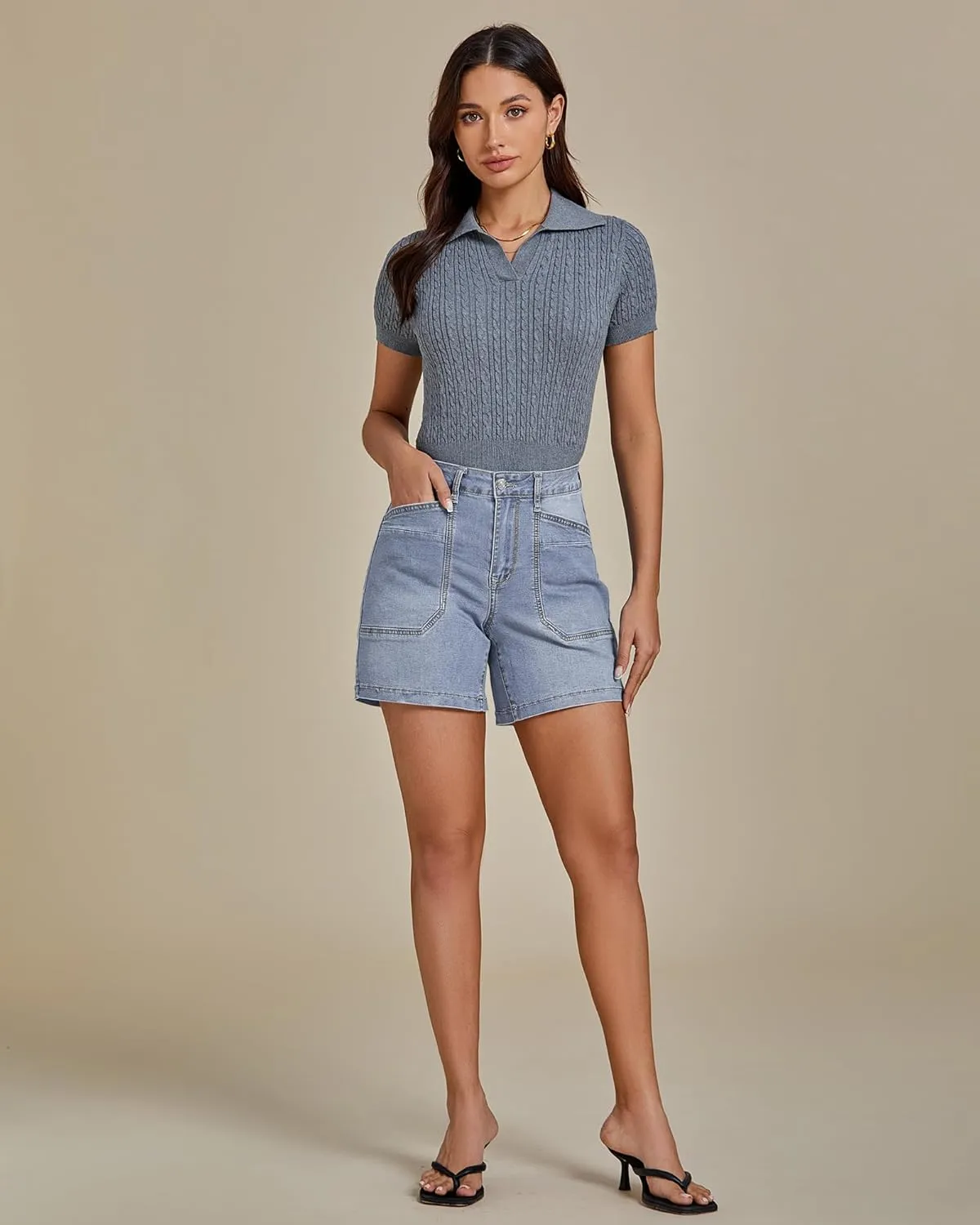 luvamia Jean Shorts for Women Trendy Mid Rise Casual Summer Jorts Distressed Cut Off Stretchy Denim Shorts with Pockets