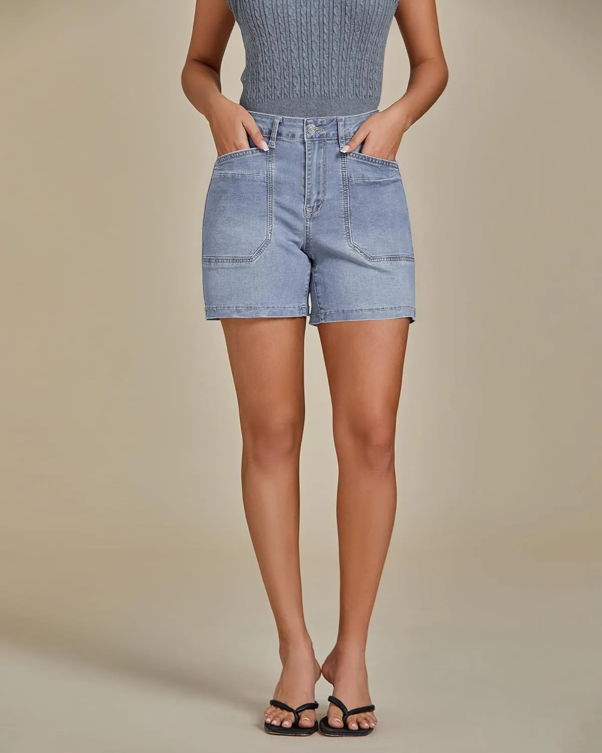 luvamia Jean Shorts for Women Trendy Mid Rise Casual Summer Jorts Distressed Cut Off Stretchy Denim Shorts with Pockets