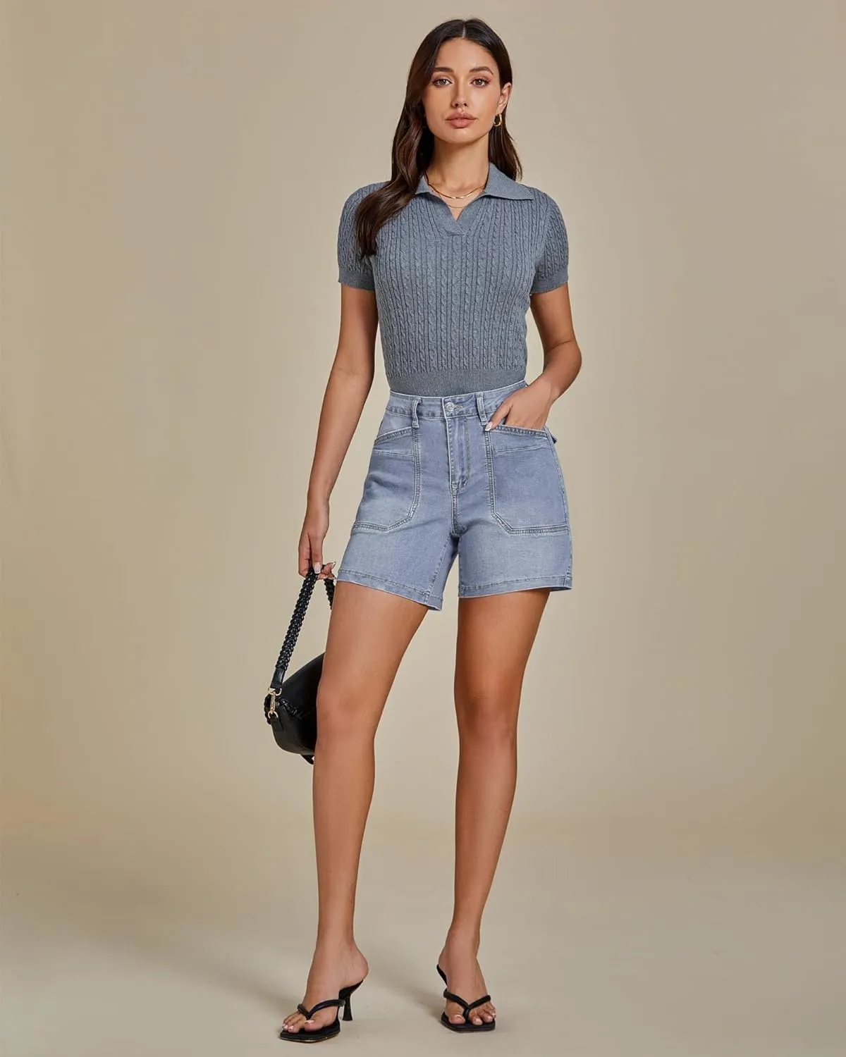 luvamia Jean Shorts for Women Trendy Mid Rise Casual Summer Jorts Distressed Cut Off Stretchy Denim Shorts with Pockets