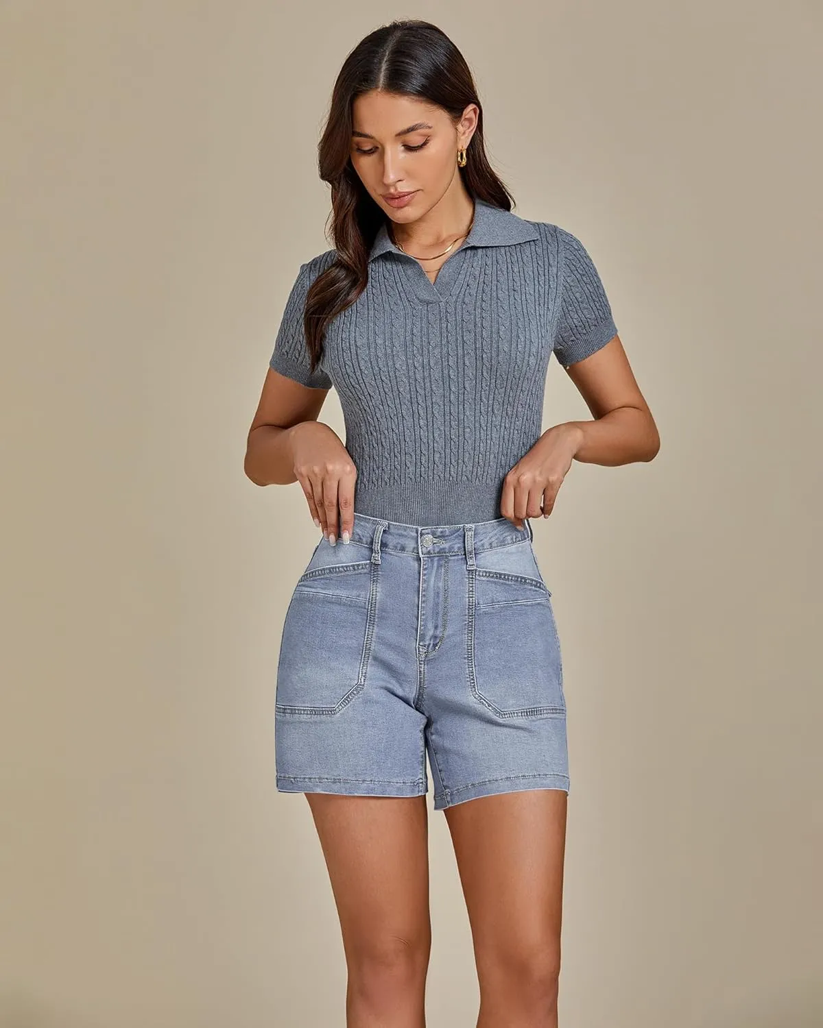luvamia Jean Shorts for Women Trendy Mid Rise Casual Summer Jorts Distressed Cut Off Stretchy Denim Shorts with Pockets