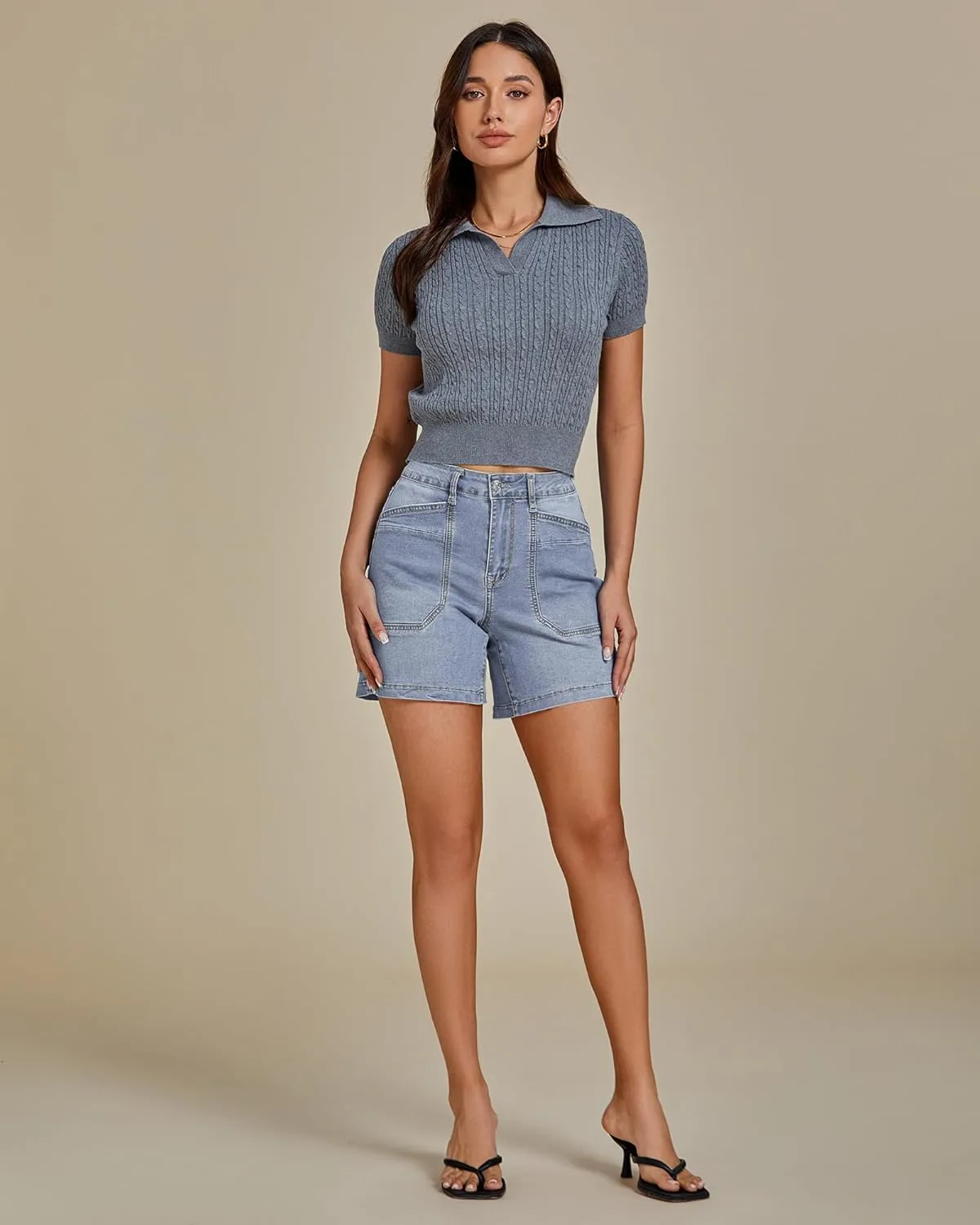 luvamia Jean Shorts for Women Trendy Mid Rise Casual Summer Jorts Distressed Cut Off Stretchy Denim Shorts with Pockets