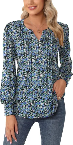 LUYAA Women's Long Sleeve Casual Blouses Dressy Tunic Top V Neck Button Office Wear Fall Winter