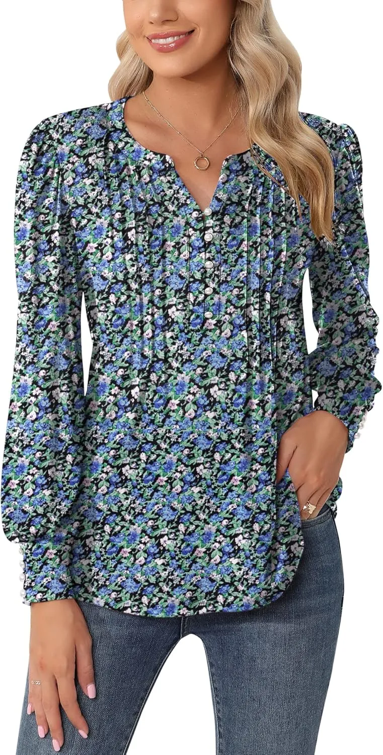 LUYAA Women's Long Sleeve Casual Blouses Dressy Tunic Top V Neck Button Office Wear Fall Winter