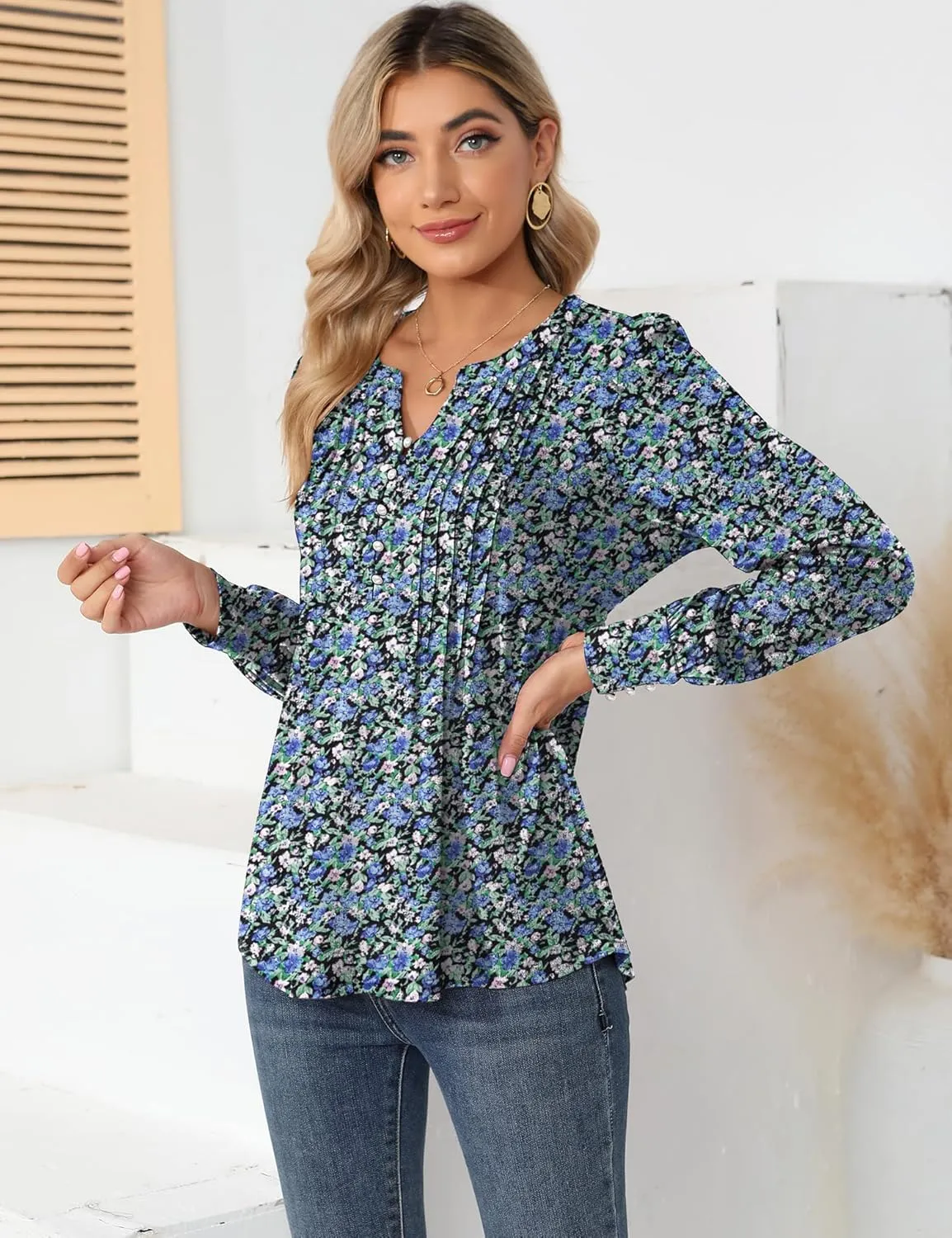 LUYAA Women's Long Sleeve Casual Blouses Dressy Tunic Top V Neck Button Office Wear Fall Winter