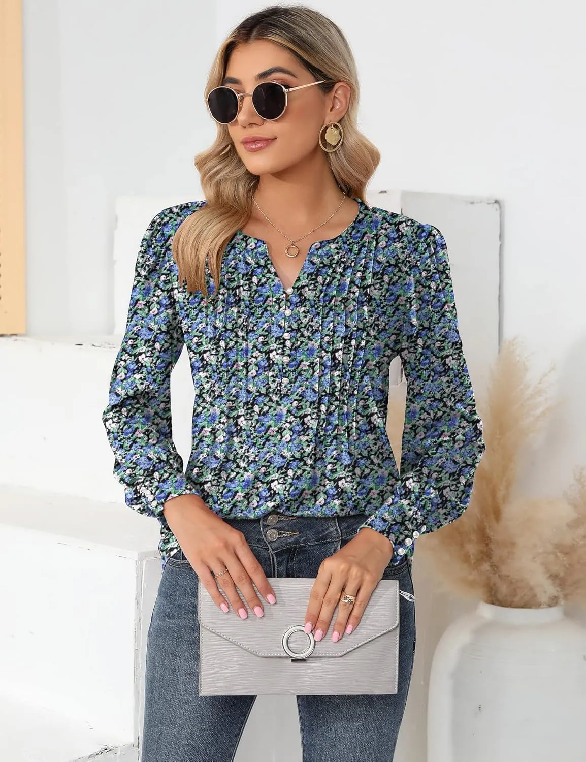LUYAA Women's Long Sleeve Casual Blouses Dressy Tunic Top V Neck Button Office Wear Fall Winter
