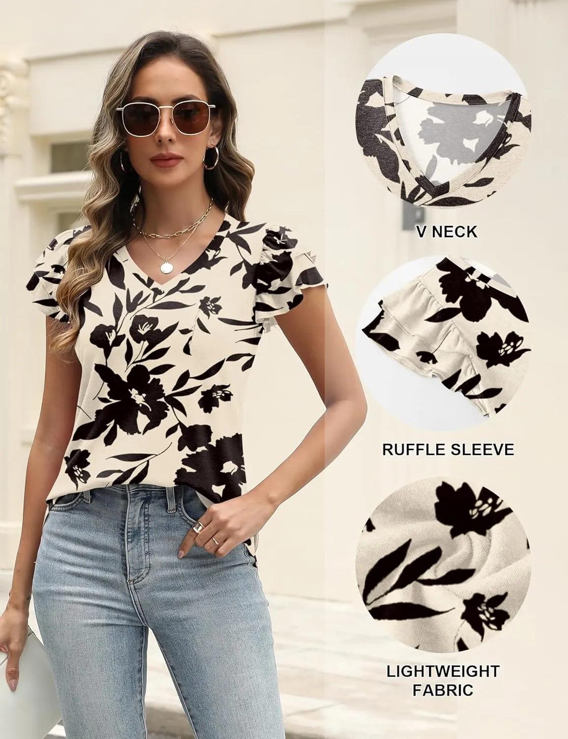 LUYAA Women's Ruffle Short Sleeve Tunic Tops V Neck Knit Ribbed T Shirts Blouses