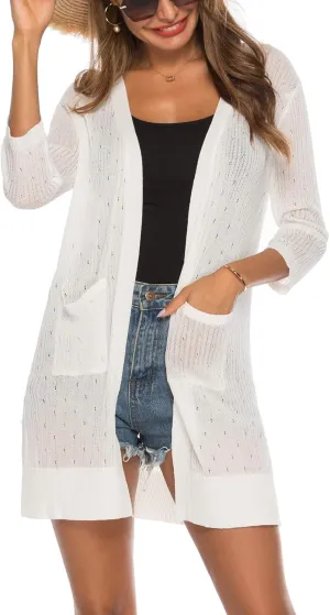 LYHNMW Women's Cardigan Casual 3/4 Sleeve or Long Sleeve Lightweight Open Front Long Knited Cardigan with Pocket