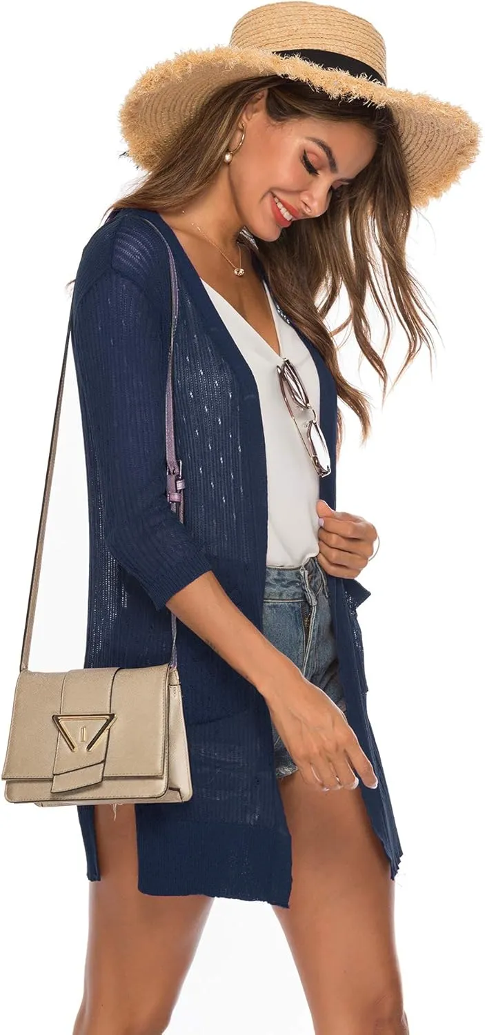 LYHNMW Women's Cardigan Casual 3/4 Sleeve or Long Sleeve Lightweight Open Front Long Knited Cardigan with Pocket