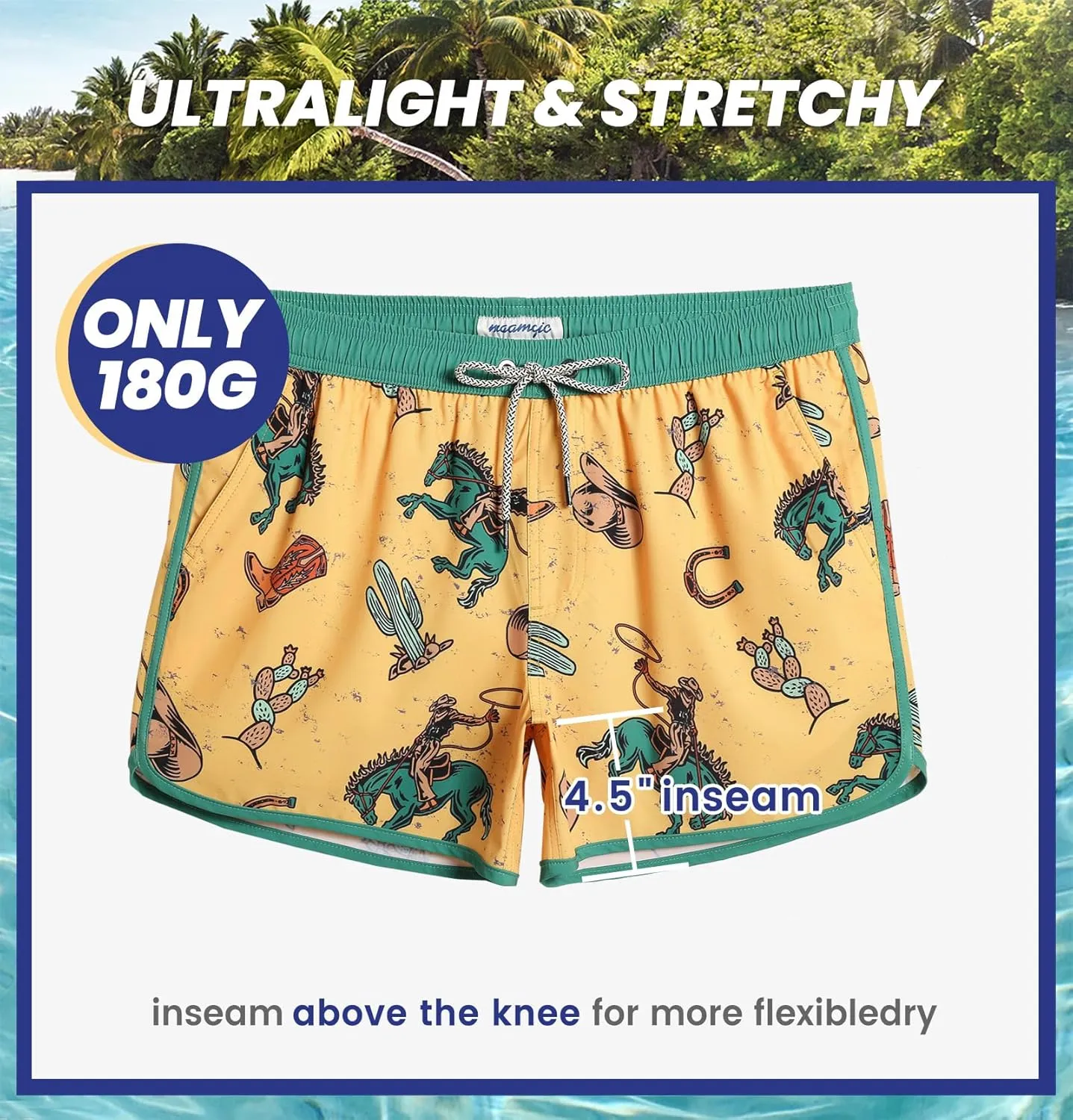 maamgic Mens Swim Trunks Retro Swim Shorts 4 Way Stretch with Mesh Vintage 80s 90s Quick Dry Swimsuits Board Shorts