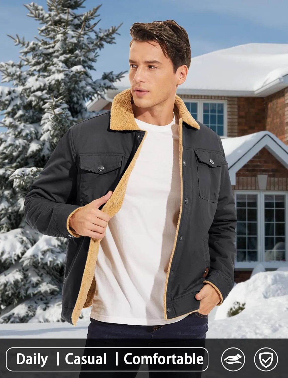 MAGCOMSEN Men's Winter Jacket Lined Sherpa Jacket Warm Trucker Coat Multi Pocket