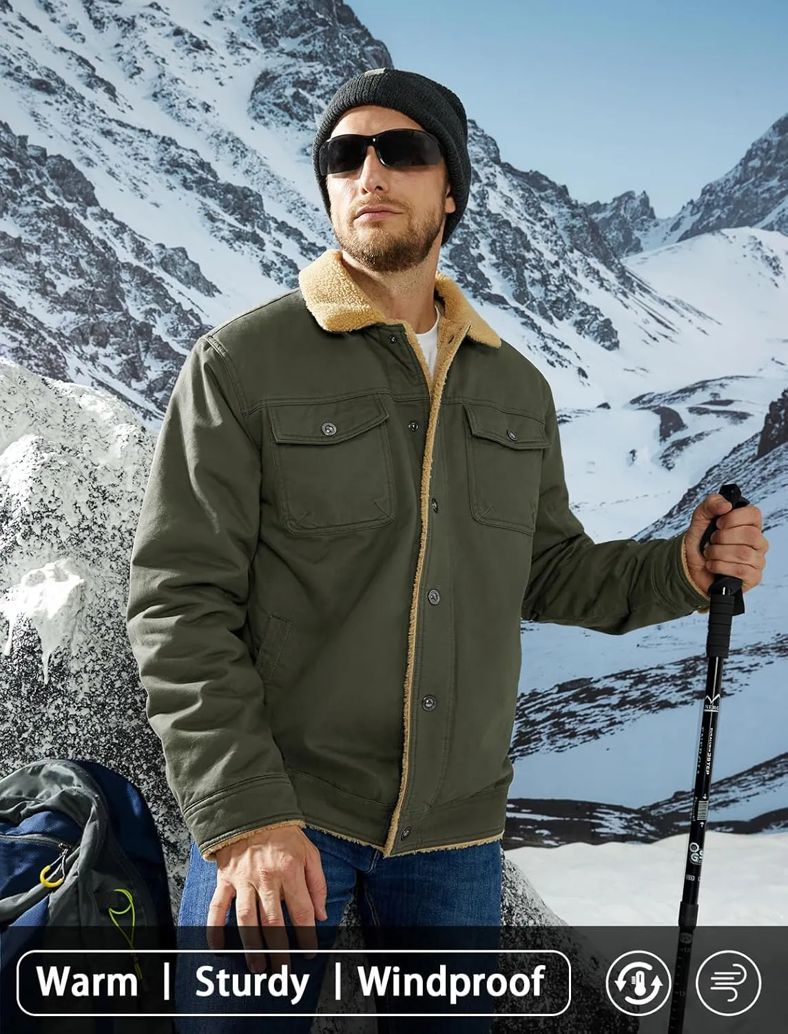 MAGCOMSEN Men's Winter Jacket Lined Sherpa Jacket Warm Trucker Coat Multi Pocket