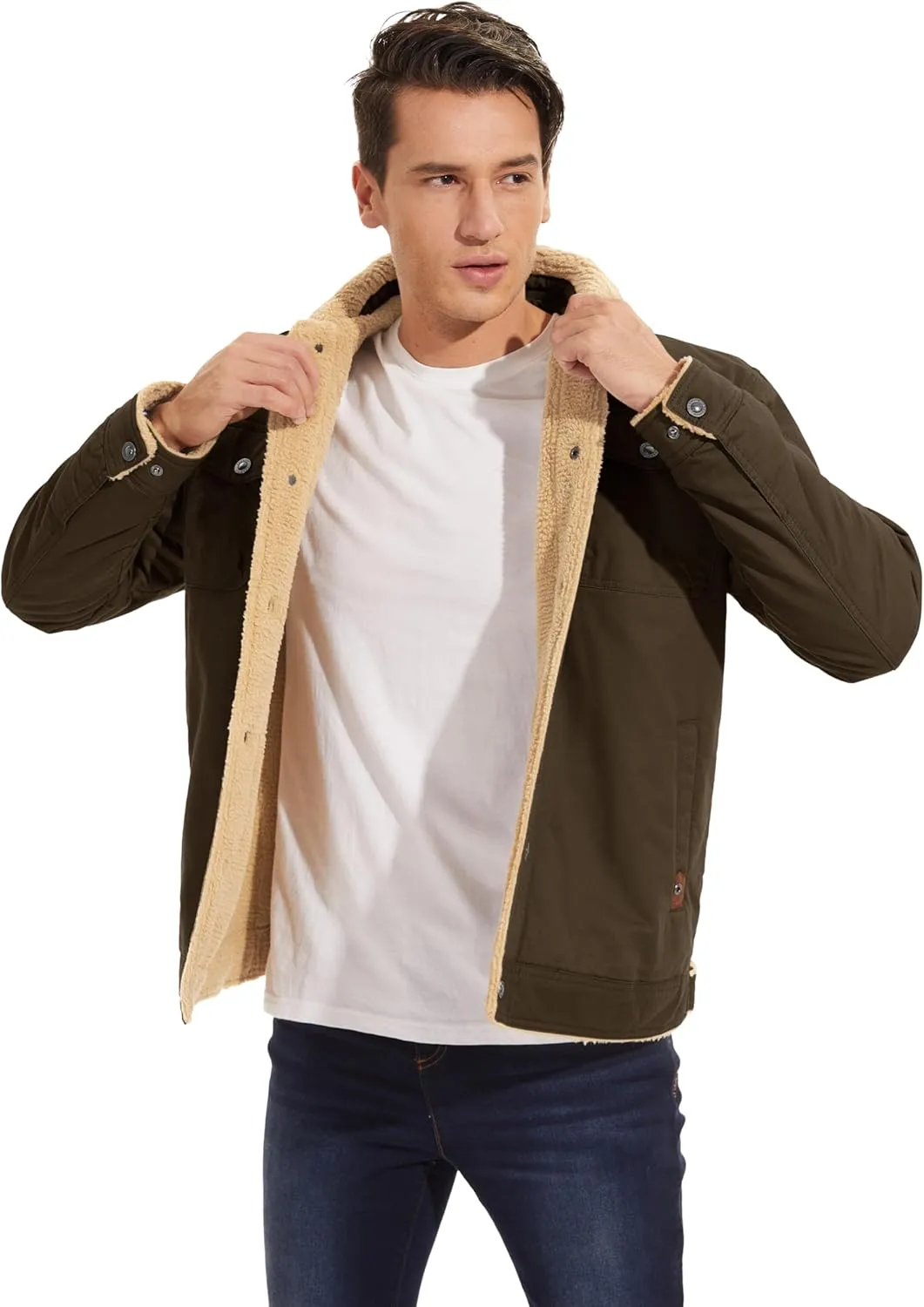 MAGCOMSEN Men's Winter Jacket Lined Sherpa Jacket Warm Trucker Coat Multi Pocket