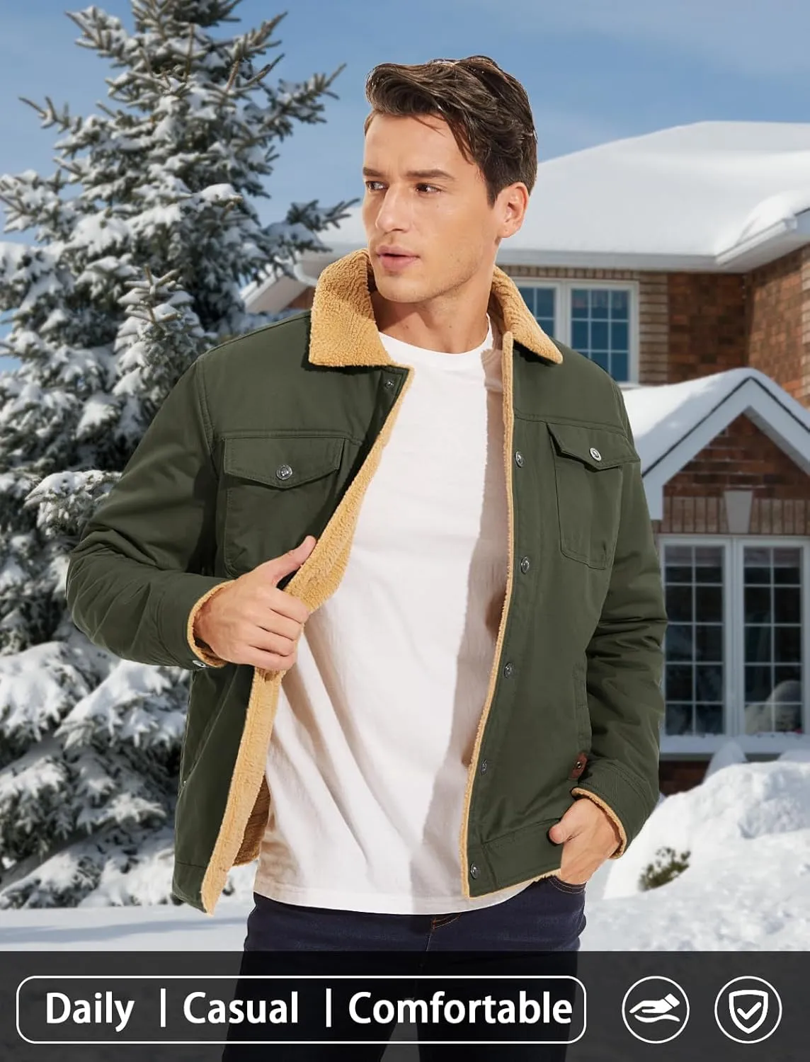 MAGCOMSEN Men's Winter Jacket Lined Sherpa Jacket Warm Trucker Coat Multi Pocket