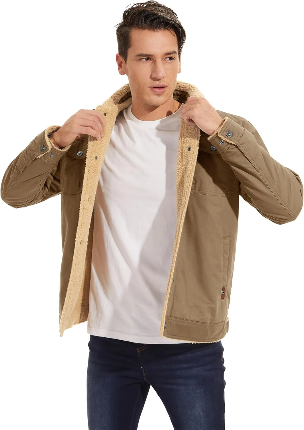 MAGCOMSEN Men's Winter Jacket Lined Sherpa Jacket Warm Trucker Coat Multi Pocket