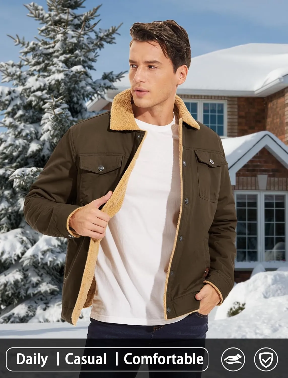 MAGCOMSEN Men's Winter Jacket Lined Sherpa Jacket Warm Trucker Coat Multi Pocket
