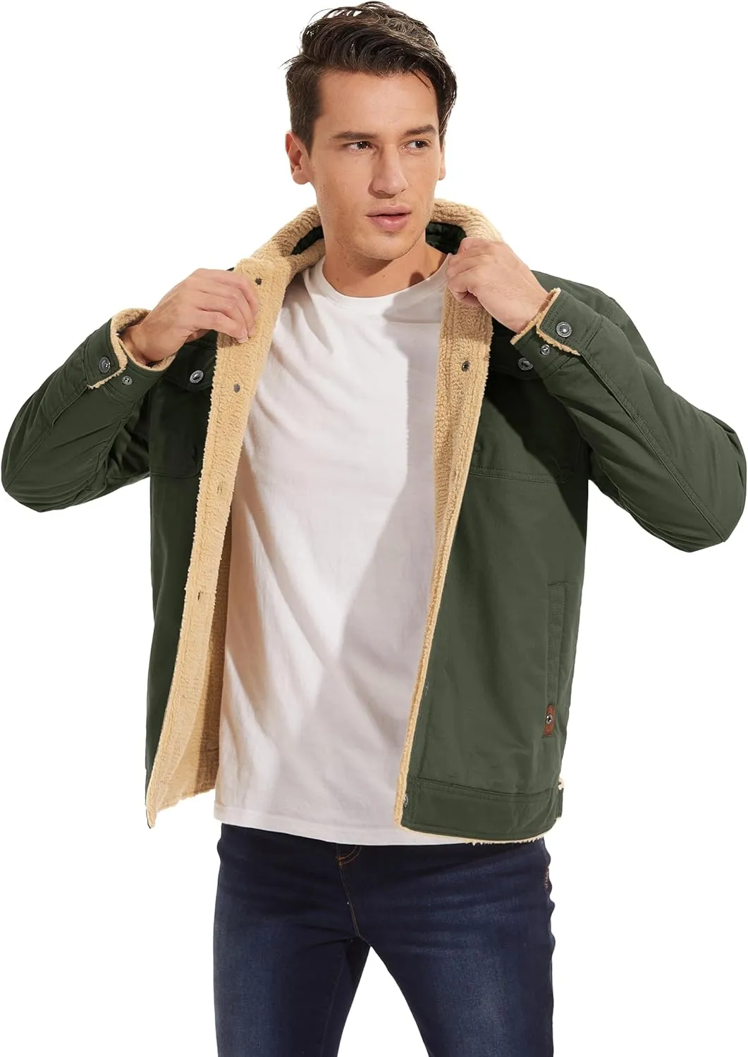 MAGCOMSEN Men's Winter Jacket Lined Sherpa Jacket Warm Trucker Coat Multi Pocket