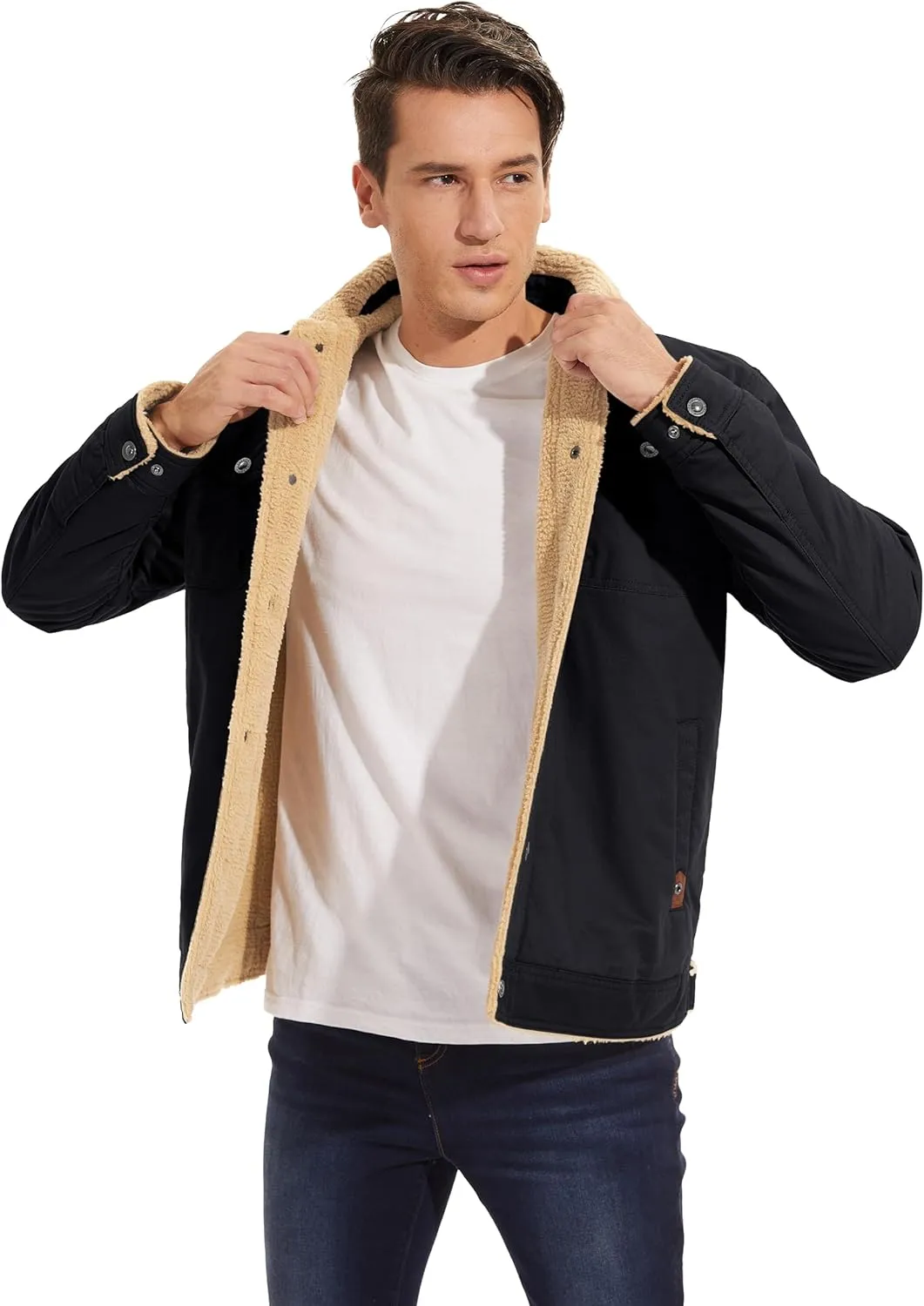 MAGCOMSEN Men's Winter Jacket Lined Sherpa Jacket Warm Trucker Coat Multi Pocket