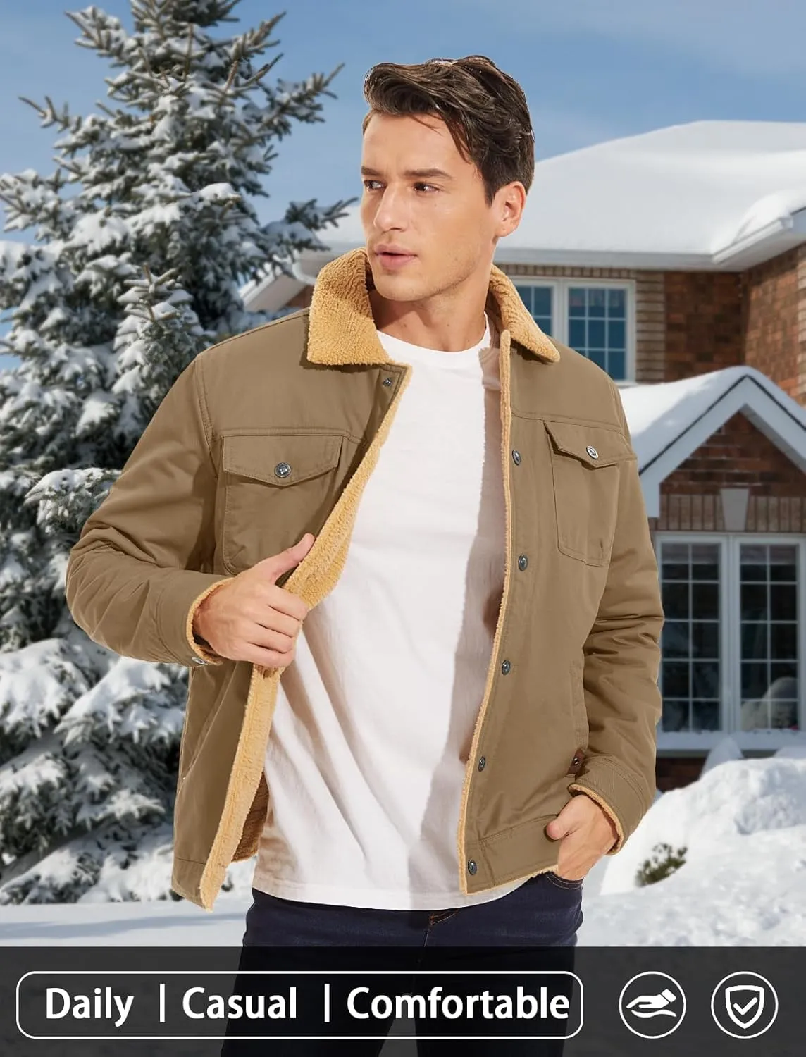 MAGCOMSEN Men's Winter Jacket Lined Sherpa Jacket Warm Trucker Coat Multi Pocket