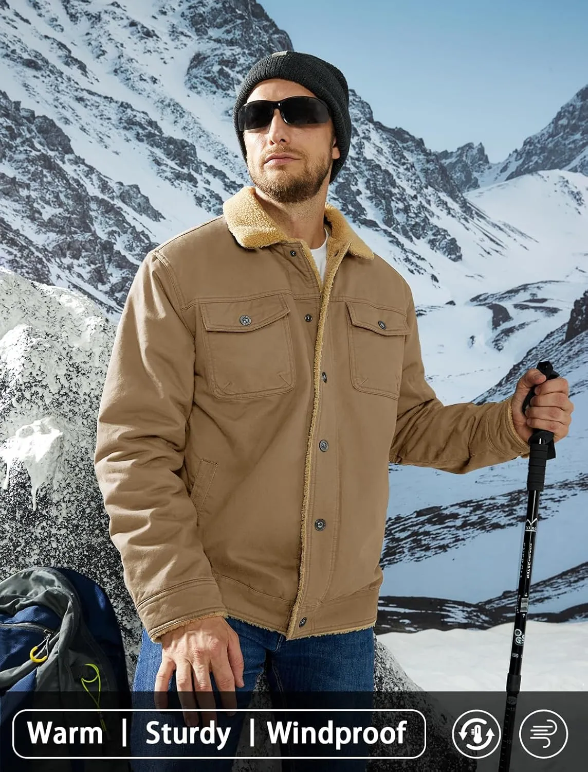 MAGCOMSEN Men's Winter Jacket Lined Sherpa Jacket Warm Trucker Coat Multi Pocket