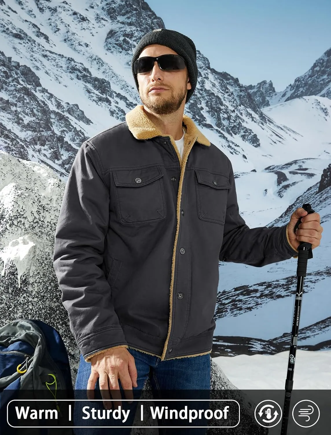 MAGCOMSEN Men's Winter Jacket Lined Sherpa Jacket Warm Trucker Coat Multi Pocket