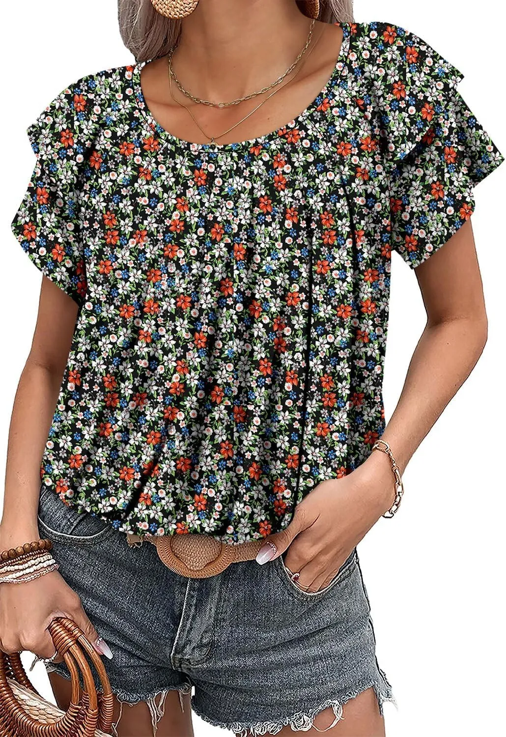 Magritta Womens Shirts Dressy Casual Short Sleeve Blouses Loose Fit Pleated Front Summer Tunic Tops