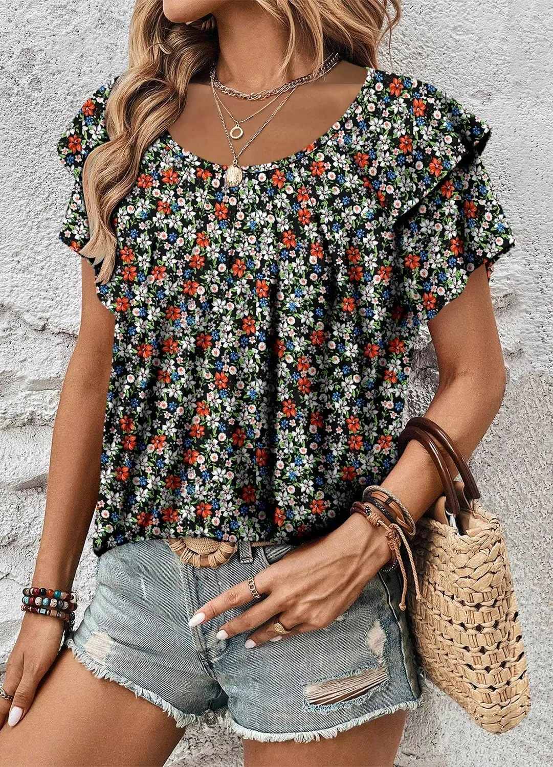 Magritta Womens Shirts Dressy Casual Short Sleeve Blouses Loose Fit Pleated Front Summer Tunic Tops