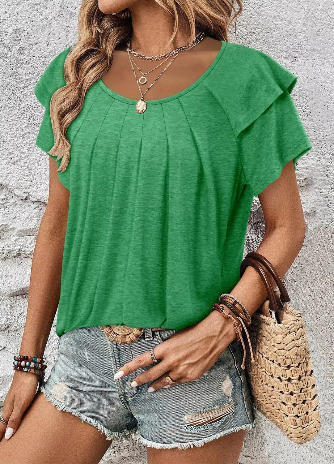 Magritta Womens Shirts Dressy Casual Short Sleeve Blouses Loose Fit Pleated Front Summer Tunic Tops