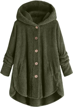 maisdgop Fleece Jacket Women Long Sleeve Sherpa Hooded Coats Winter Fall Warm Fuzzy Jackets Plus Size Button Plush Outerwear