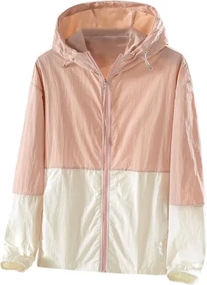 maisdgop Raincoat for Women Pretty Color Block Waterproof Windbreaker Casual Zip up Travel Hiking Trench Coats with Pockets