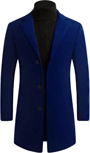 Maiyifu-GJ Mens Wool Blend Trench Coat Mid-Length Notched Collar Long Top Pea Coats Business Single Breasted Jacket Overcoat