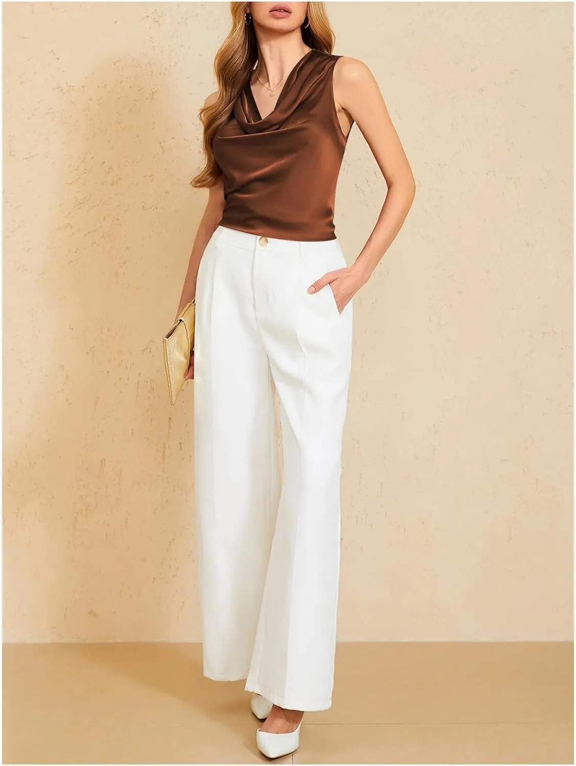 MakeMeChic Women's Satin Silk Tank Tops Cowl Neck Sleeveless Camisole Tops Dressy Shirts