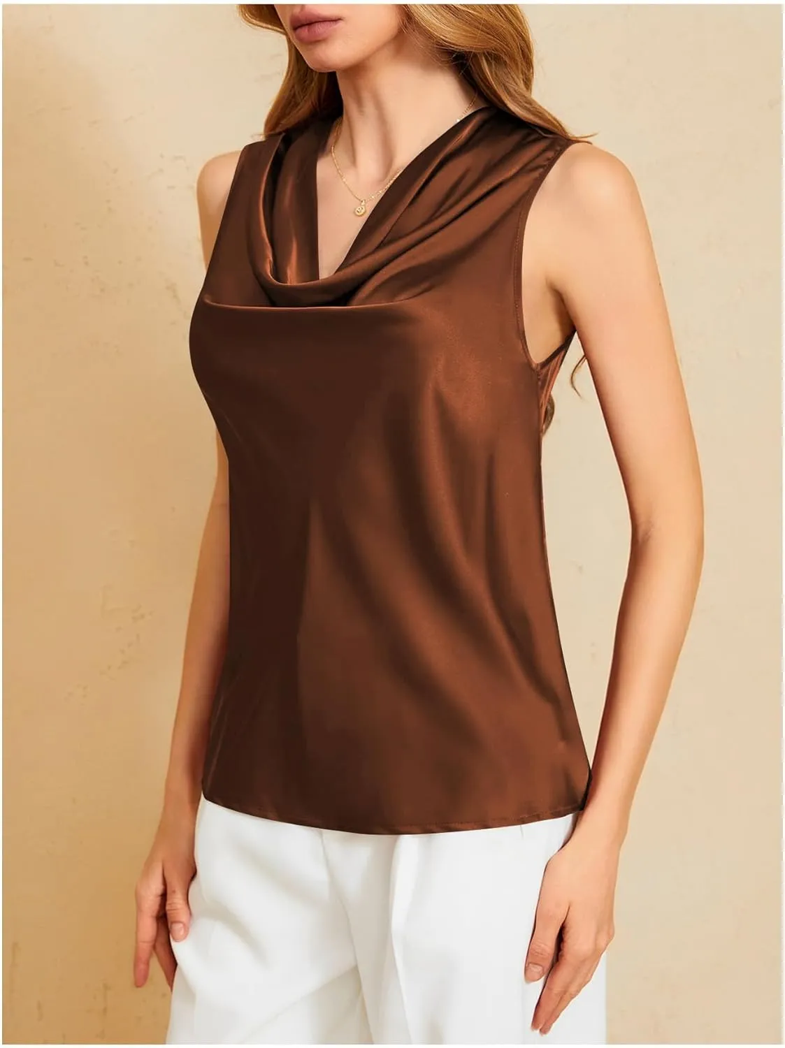 MakeMeChic Women's Satin Silk Tank Tops Cowl Neck Sleeveless Camisole Tops Dressy Shirts