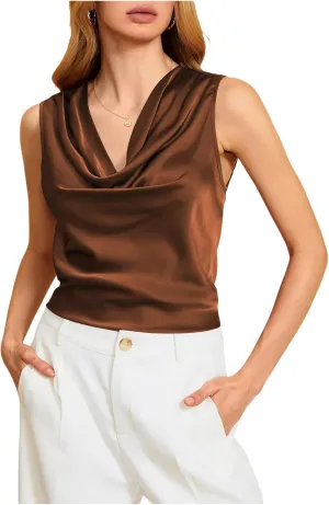MakeMeChic Women's Satin Silk Tank Tops Cowl Neck Sleeveless Camisole Tops Dressy Shirts