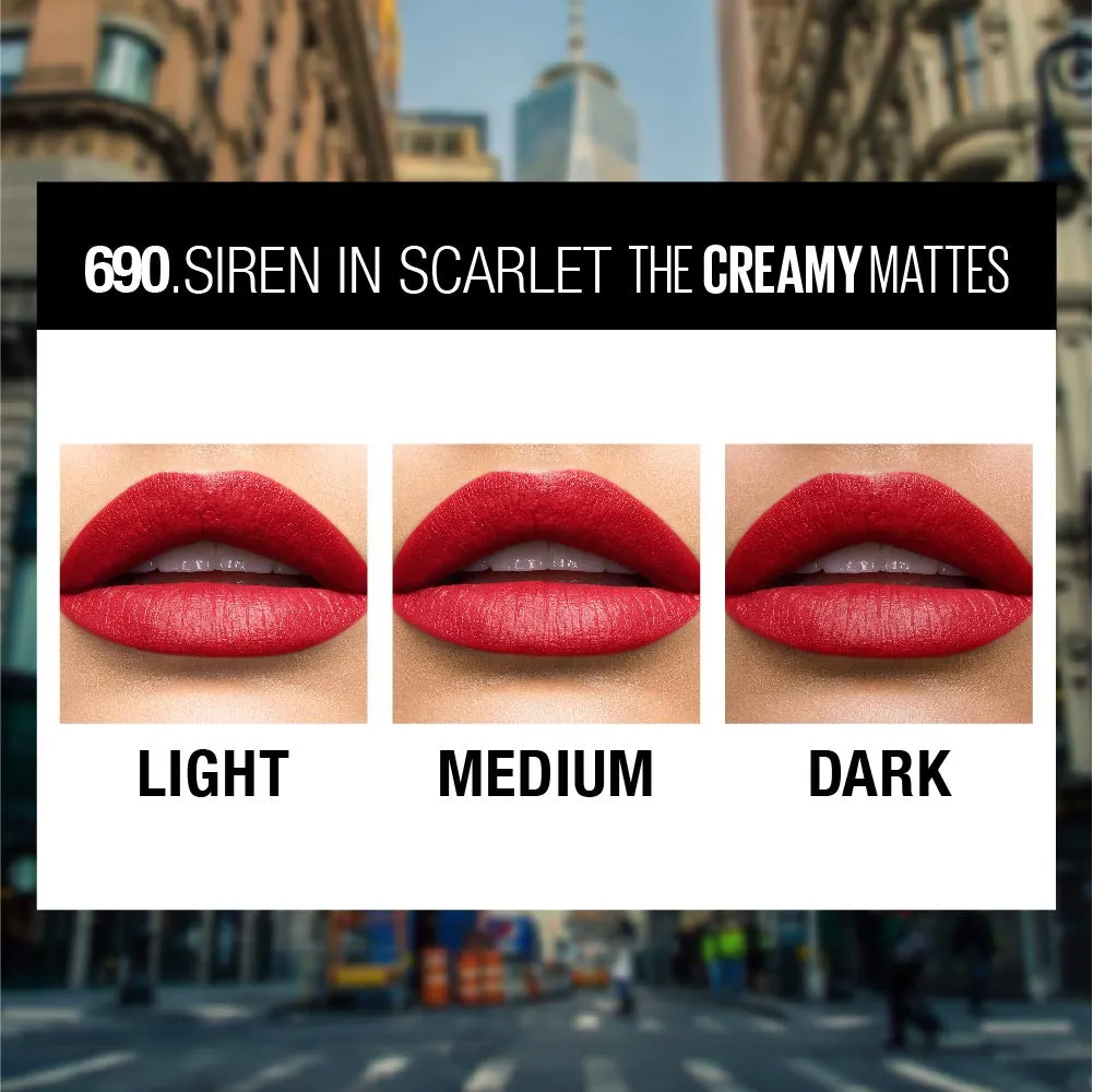 Maybelline Color Sensational Lipstick, Lip Makeup, Matte Finish, Hydrating Lipstick, Nude, Pink, Red, Plum Lip Color, Siren In Scarlet, 0.15 oz; (Packaging May Vary)