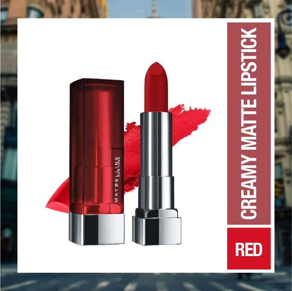 Maybelline Color Sensational Lipstick, Lip Makeup, Matte Finish, Hydrating Lipstick, Nude, Pink, Red, Plum Lip Color, Siren In Scarlet, 0.15 oz; (Packaging May Vary)