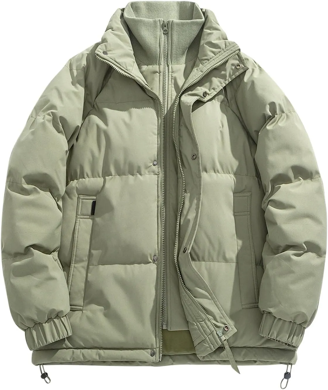Men Heavy Down Coats Fashion Fake Two Piece Stand Collar Puffer Jackets Casual Loose Fit Cotton Padded Coat