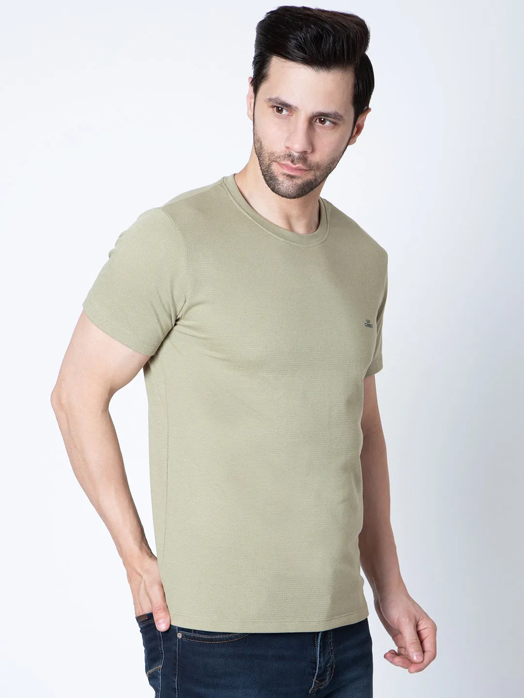 Men Round Neck Olive T-Shirt