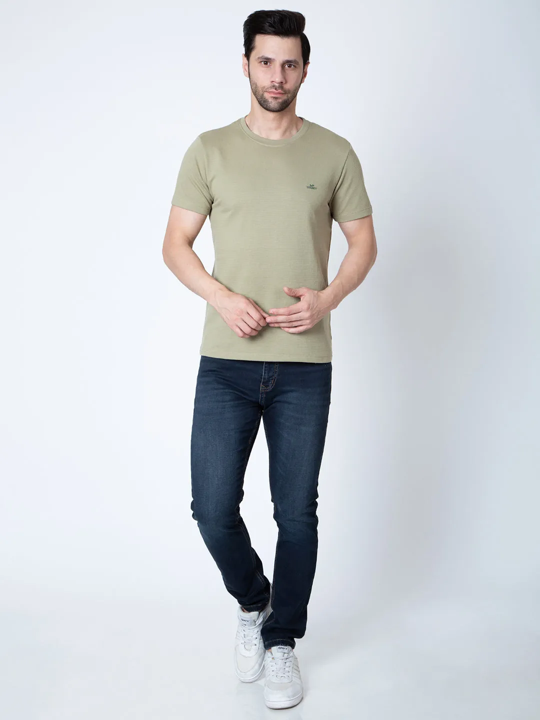 Men Round Neck Olive T-Shirt