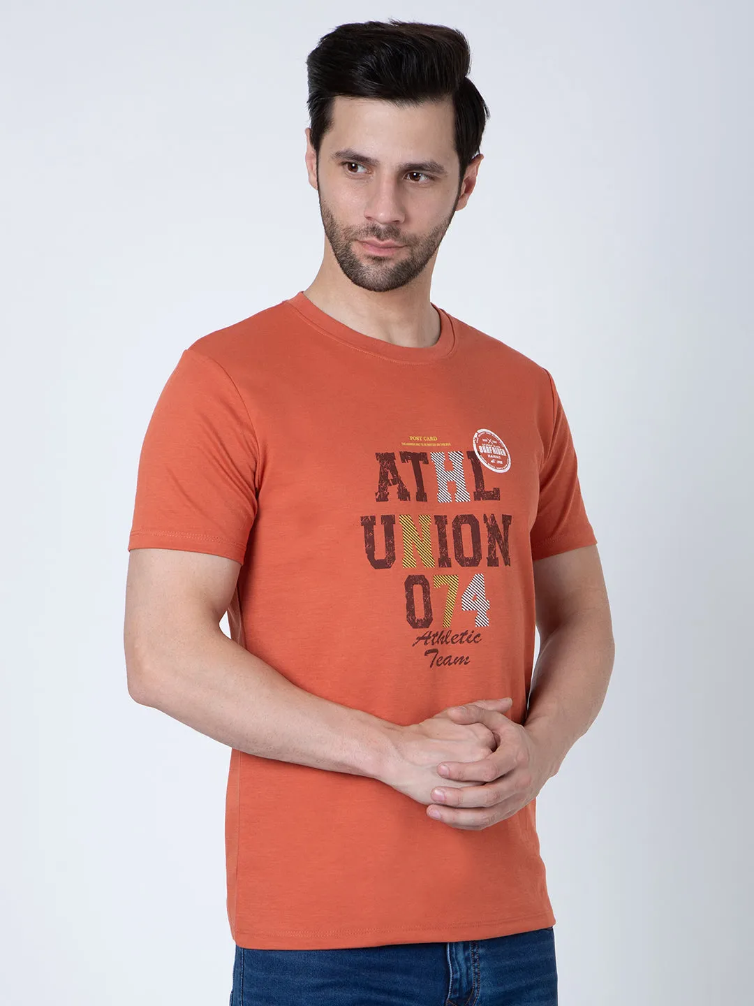Men Round Neck Orange T-Shirt