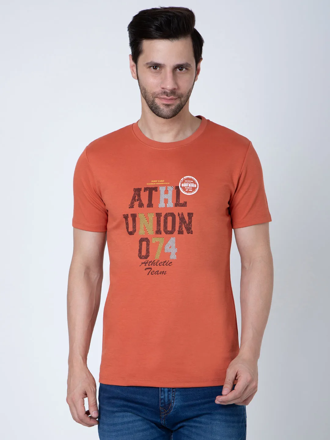 Men Round Neck Orange T-Shirt
