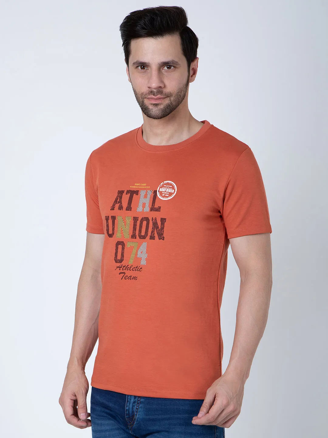 Men Round Neck Orange T-Shirt