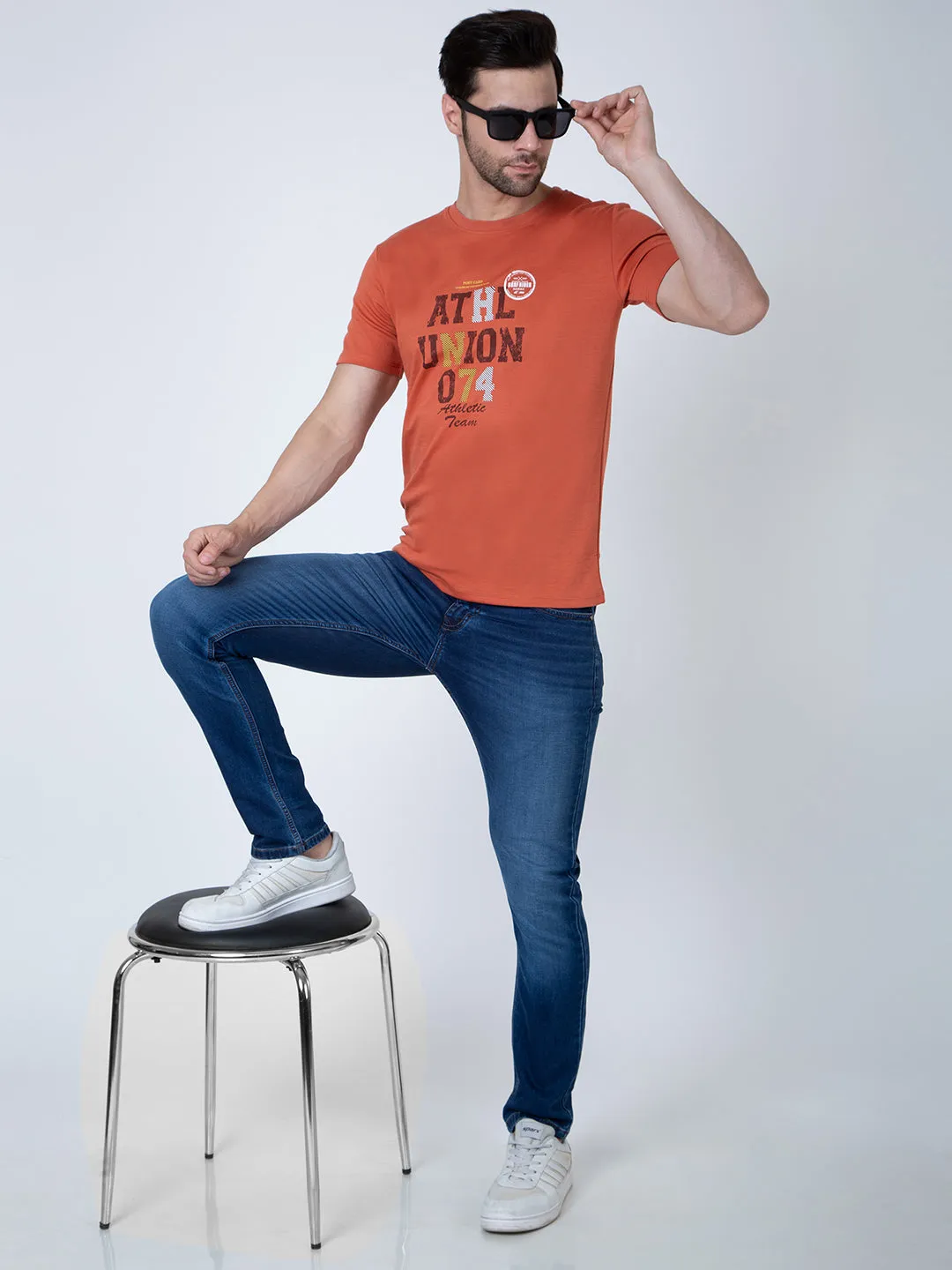 Men Round Neck Orange T-Shirt