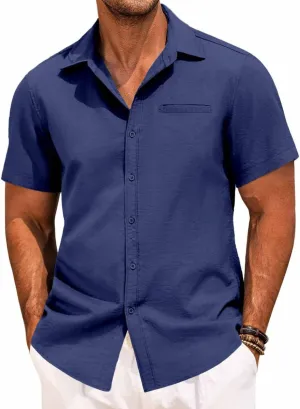 Mens Casual Button Down Shirt Short Sleeve V Neck Tops 2025 Summer Vacation Beach Blouses Shirts