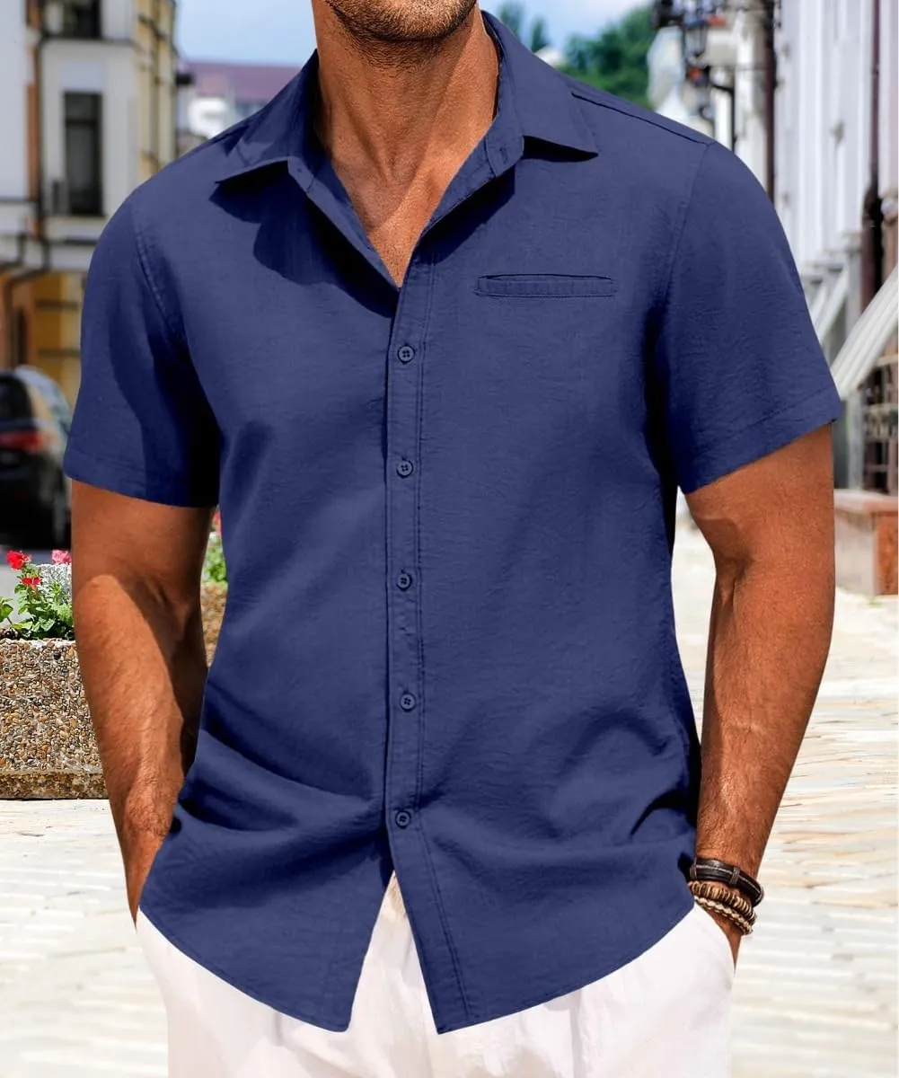 Mens Casual Button Down Shirt Short Sleeve V Neck Tops 2025 Summer Vacation Beach Blouses Shirts