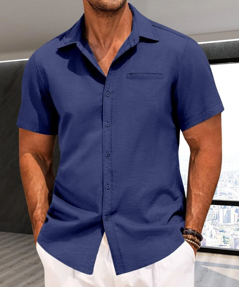 Mens Casual Button Down Shirt Short Sleeve V Neck Tops 2025 Summer Vacation Beach Blouses Shirts