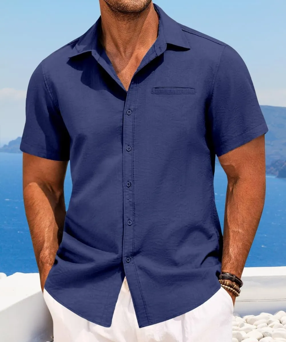 Mens Casual Button Down Shirt Short Sleeve V Neck Tops 2025 Summer Vacation Beach Blouses Shirts