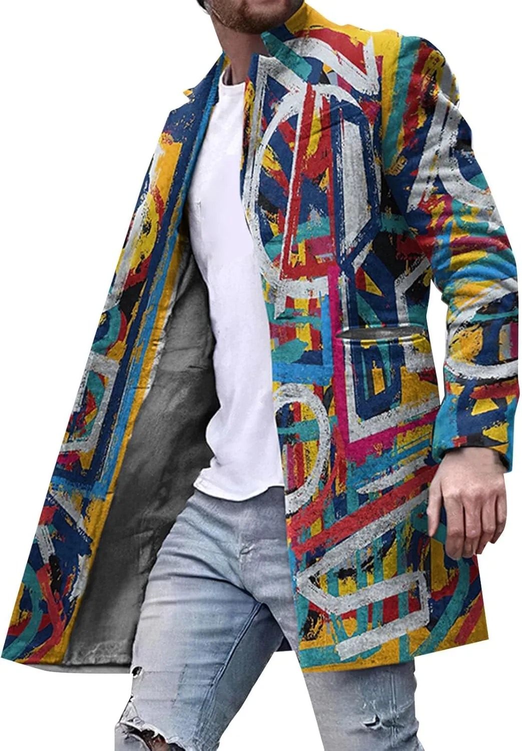 Mens Casual Trench Coat Slim Fit Notched Collar Long Woolen Jacket Overcoat Single Breasted Blazer Pea Coat wih Pocket